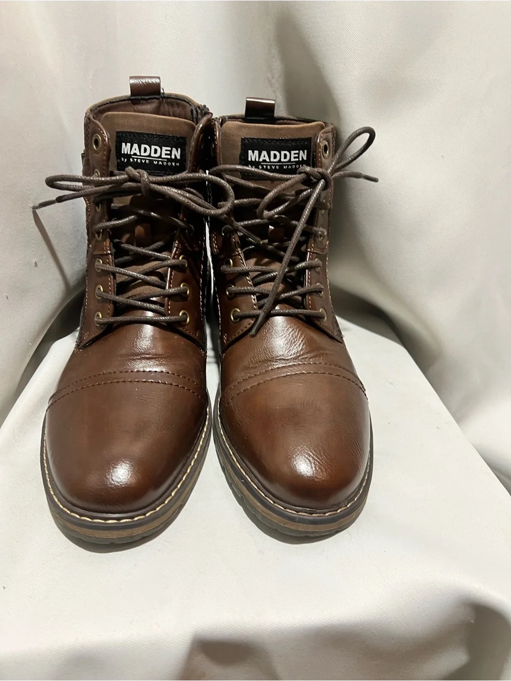 Steve Madden Brown Leather Lace-Up Combat Ankle Boots Buckle Zip Mens Size 9.5